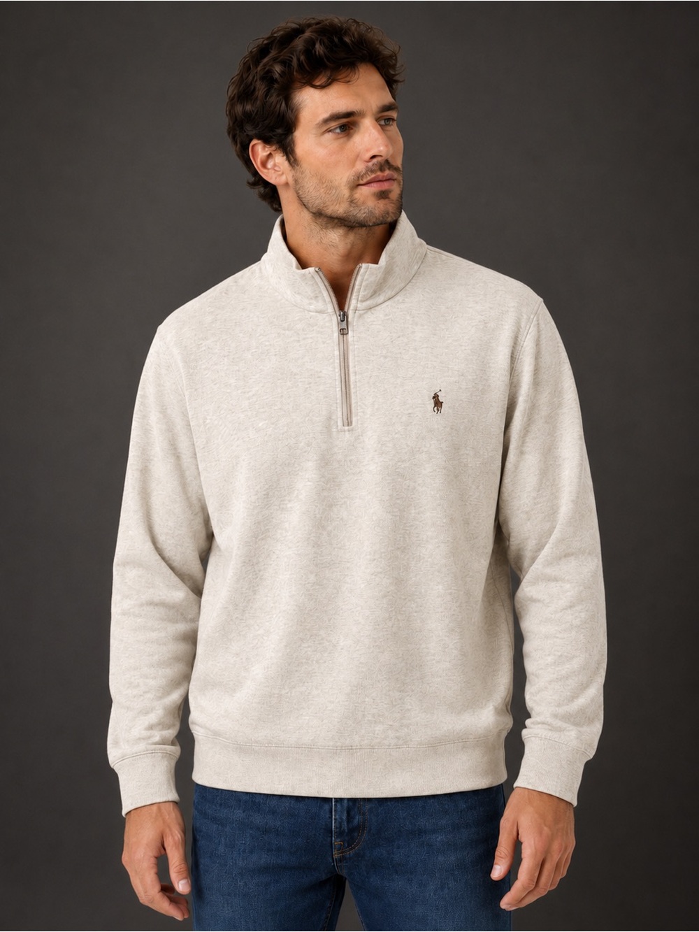 Polo Ralph Lauren Men’s XL Quarter Zip Sweatshirt Oatmeal Heather Pony Logo